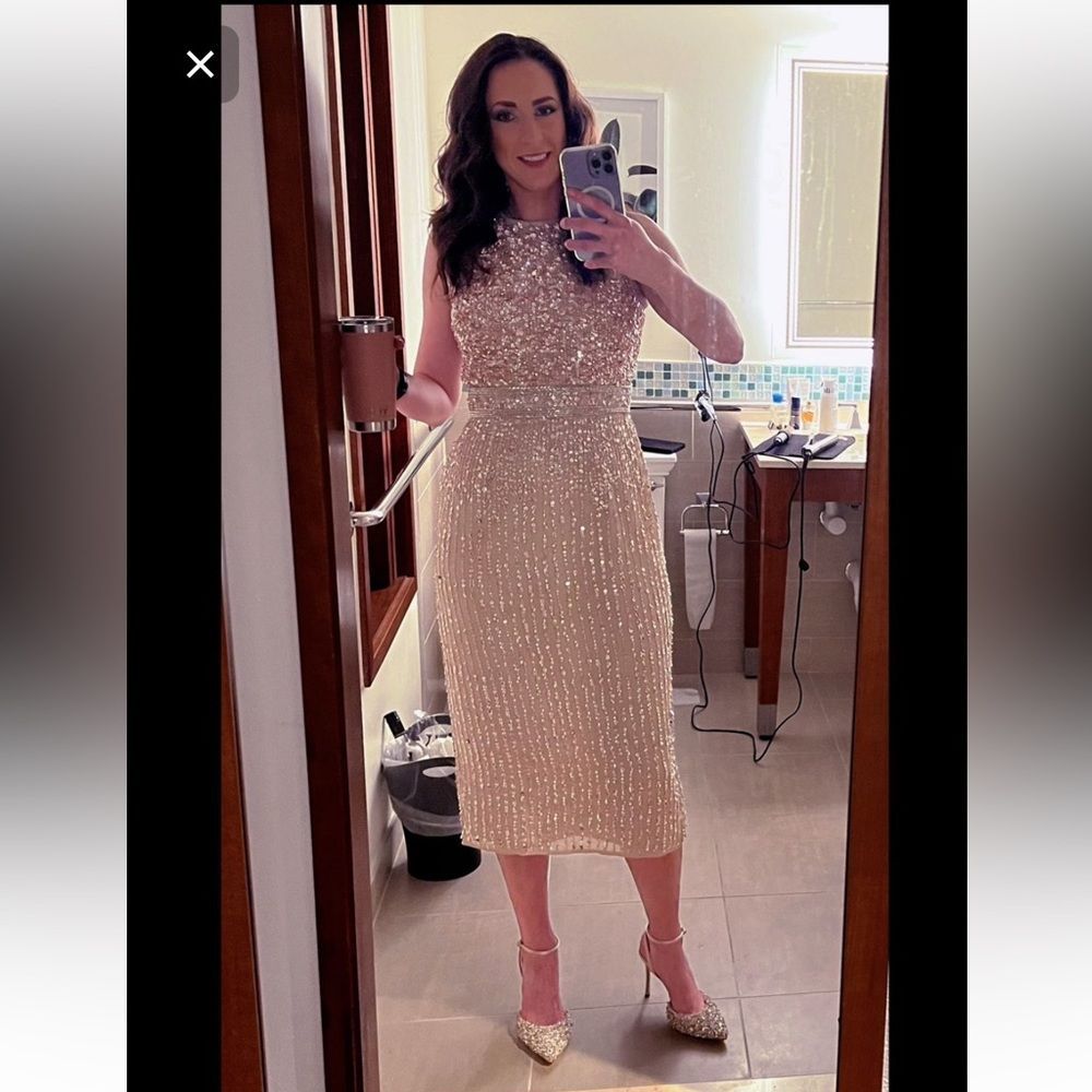 $398 Mac Duggal 10509 Midi Sheath SequinCocktail Dress in Nude 214/090 - Picture 11 of 15